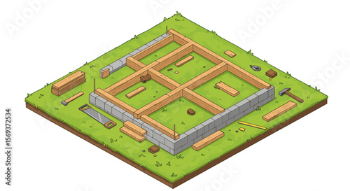 Construction site isometric vector illustration - building foundations and tools on grass for design projects