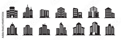 Modern Buildings vector icon set. Real estate and urban city building icons collection, black silhouette illustration.
