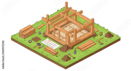 Construction site vector illustration: wooden frame building and tools in isometric style for educational use