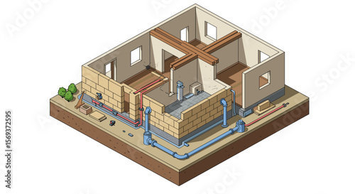 Isometric plumbing and construction vector illustration for architecture and design projects