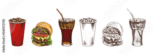 Hand drawn vintage set of burger, cola with ice and sweet drink in color and monochrome version