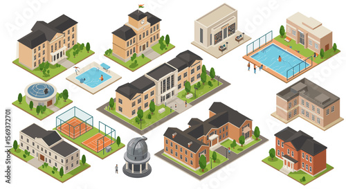 Isometric vector illustration of diverse university campus buildings for educational design
