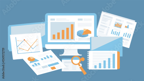 Illustration of a computer screen displaying charts and graphs with documents scattered around it
