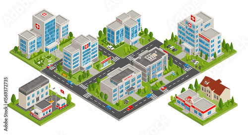 Isometric vector illustration of a modern hospital complex in a city with roads and buildings for design and planning