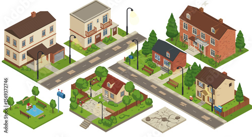 Isometric suburban neighborhood vector illustration - residential street scene for design projects