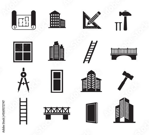 Architecture and construction vector solid icon set with buildings tools and layouts, black silhouette illustration.