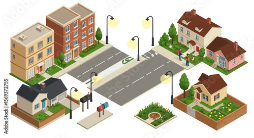Isometric vector illustration of a residential neighborhood with houses and streets for urban design