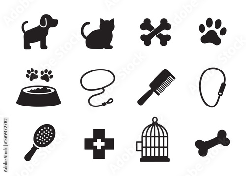 Pet and veterinary vector icons set. including dogs cats tools and symbols, black silhouette illustration.