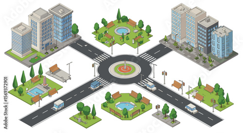 Isometric cityscape vector illustration featuring urban park and intersection for design and poster use