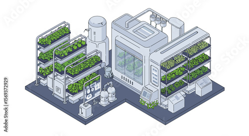 Isometric vector illustration of futuristic urban hydroponic farm for sustainable agriculture design