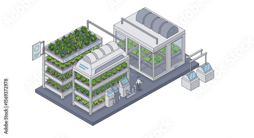 Modern indoor hydroponic farm vector illustration in isometric style for sustainable agriculture design