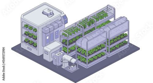 Isometric vector illustration of a futuristic indoor hydroponic garden design for urban agriculture