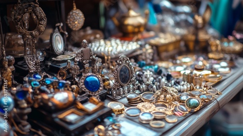 Wallpaper Mural Traditional jewelry and vintage trinkets displayed on stall table at market with decorative lighting Torontodigital.ca