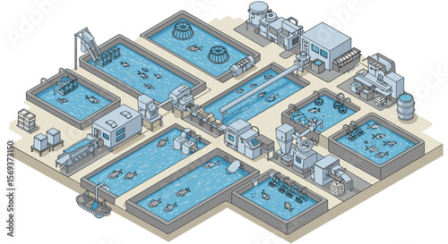 Isometric aquaculture facility vector illustration for design and educational use