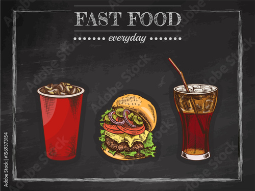 Hand drawn fast food poster with burger, cola and milkshake in red cups on chalkboard background