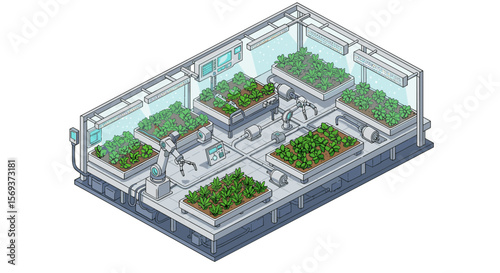 Futuristic hydroponic greenhouse with automated robots in isometric vector illustration for modern agriculture design