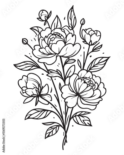 Elegant black and white floral illustration featuring peonies and delicate leafy details