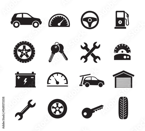 Automotive Service and Car Repair Tools Vector Icon Set with Vehicle Maintenance Elements. Black silhouette illustration.