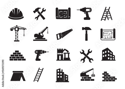 Construction Builder and Engineering Tools Vector solid Icon set, Including Machinery, Equipment, and Building Materials, black silhouette illustration.