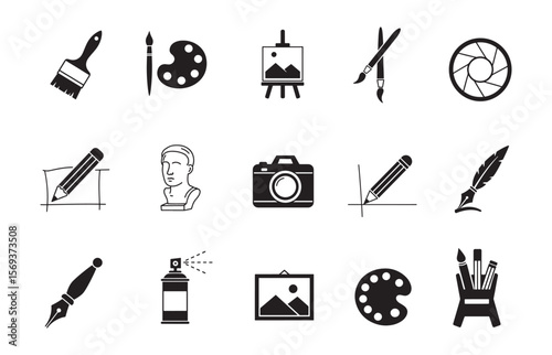 Artistic Tools and Drawing Sketch Equipment Vector Icon Set for Painters and Designers, black silhouette illustration.