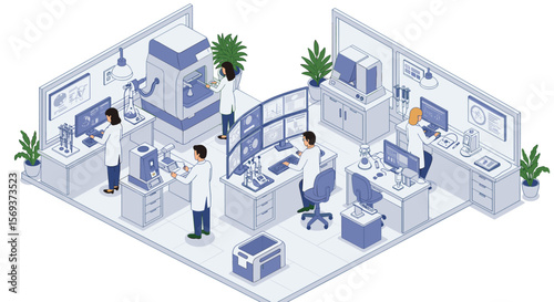 Scientific research lab with researchers and technology in isometric vector illustration for educational and technological design