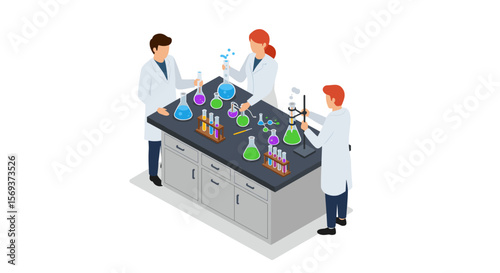 Scientific laboratory experiment with scientists analyzing chemical reactions in isometric vector illustration