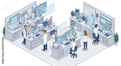Advanced scientific laboratory with researchers analyzing data and experiments vector illustration in isometric design