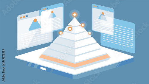 Isometric illustration of a pyramid with glowing orbs and floating windows around it online concept