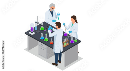 Isometric vector illustration of scientists conducting experiments in a laboratory for scientific research design