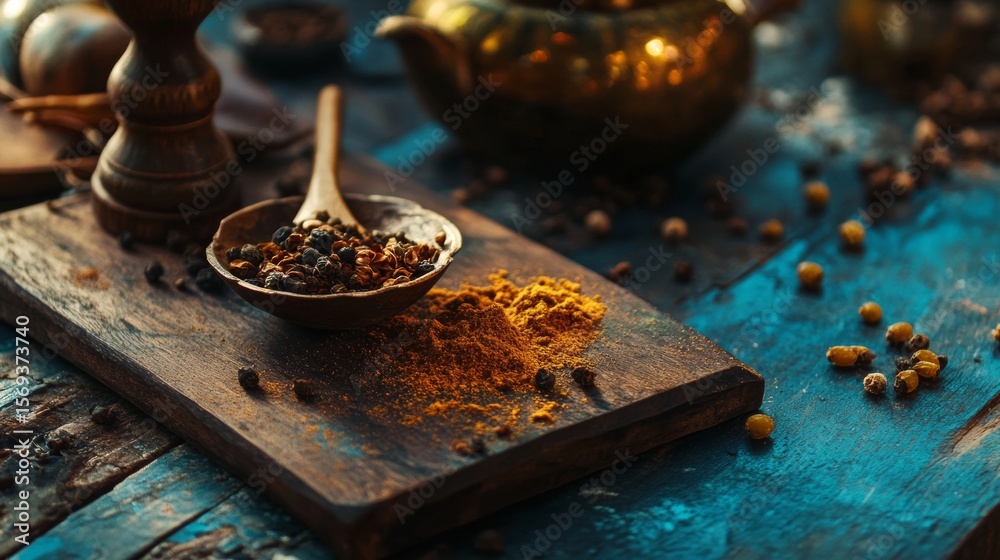 Fototapeta premium Rustic blue background with turmeric and spices displayed on wooden surface in food preparation setting