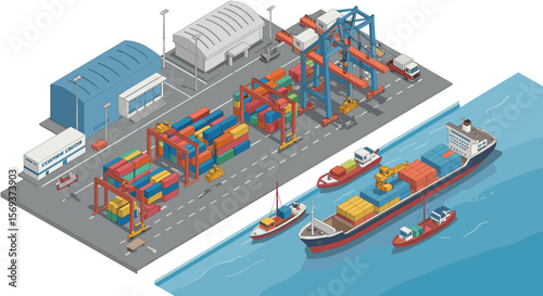 Isometric vector illustration of a busy shipping port with containers, cranes, and ships for logistics design