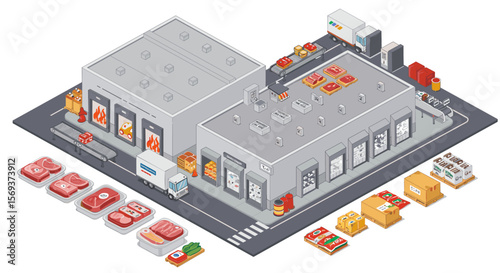 Isometric meat processing plant vector illustration