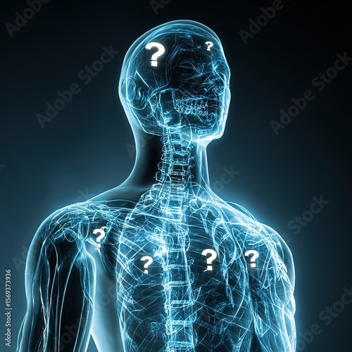 X-ray human silhouette with glowing question marks at vestigial structures, questioning evolutionary remnants.