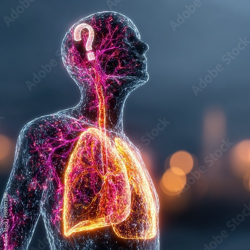 X-ray human silhouette with glowing question marks at vestigial structures, questioning evolutionary remnants.