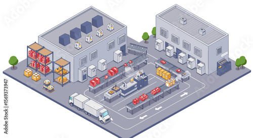 Industrial warehouse and factory operations isometric vector illustration for logistics and manufacturing design