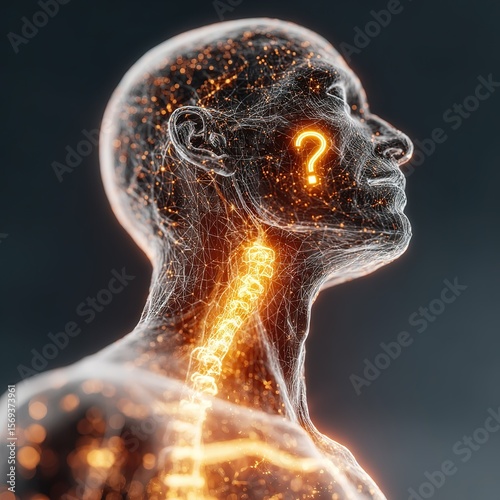 X-ray human silhouette with glowing question marks at vestigial structures, questioning evolutionary remnants.