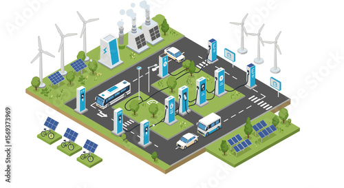 Sustainable energy concept with electric vehicles and renewable sources vector illustration - flat isometric design for eco-friendly themes