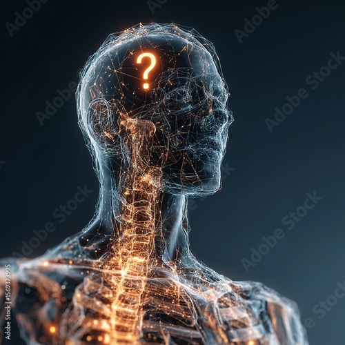 X-ray human silhouette with glowing question marks at vestigial structures, questioning evolutionary remnants.