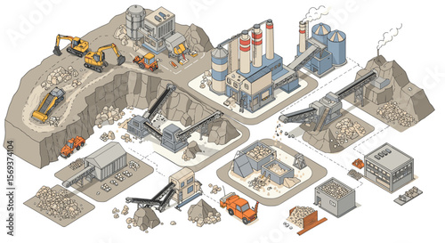 Isometric vector illustration of an industrial quarry with machinery and buildings for construction project design