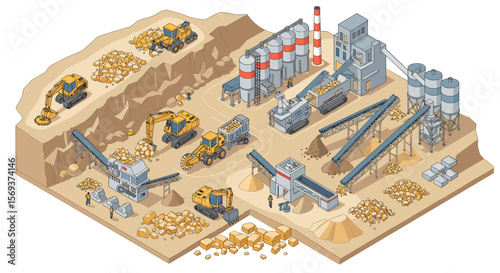 Isometric vector illustration of a construction site with heavy machinery and industrial equipment