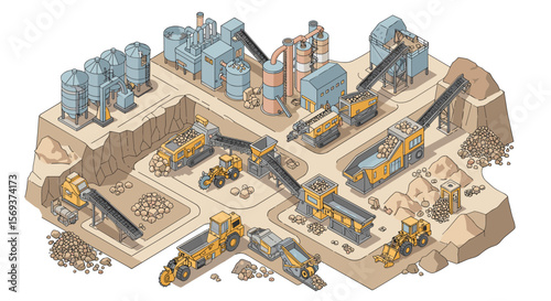 Industrial mining operation vector illustration in isometric style for design and engineering projects