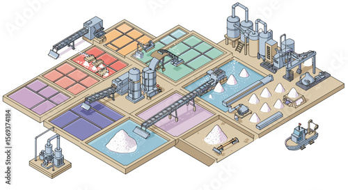 Isometric industrial salt production plant vector illustration for educational and design projects