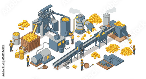 Isometric factory scene with workers and machines processing coins, vector illustration for industrial design