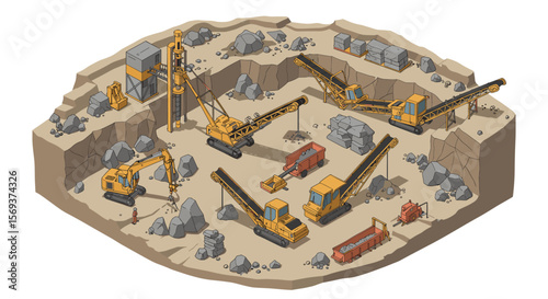 Construction site with heavy machinery in quarry vector illustration