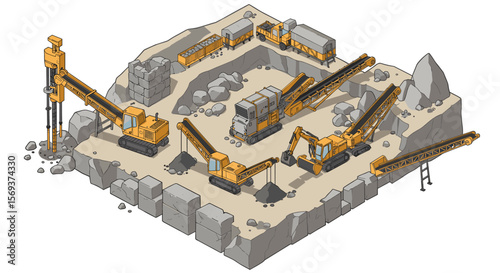 Isometric construction site vector illustration with heavy machinery in quarry design for engineering projects
