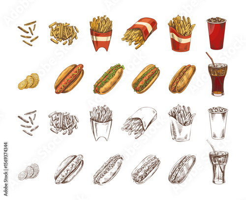 Hand drawn vintage set of french fries, hot dogs, potato chips and soft drinks in color and monochrome