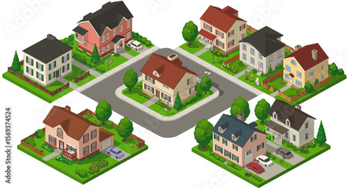 Isometric suburban neighborhood vector illustration for urban planning and design