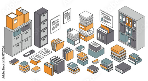 Isometric office organization vector illustration: filing cabinets, documents, and books for business design