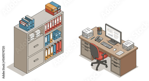 Isometric office workspace with desk and filing cabinet vector illustration for productivity design