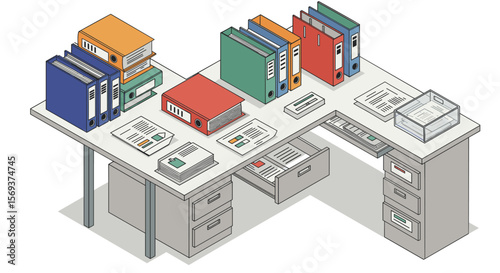 Isometric office desk with organizers and folders vector illustration for business and organizational design
